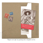 The "Well Behaved Magnet" by Shannon Martin Design is a unique greeting card gift in a brown envelope with two vintage stamps. It features a black-and-white photo and the quote, “Well-behaved women seldom make history.” Includes a thin magnet.