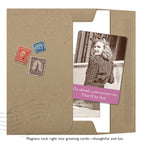 A brown envelope with vintage stamps holds Shannon Martin Design’s “Go Ahead Magnet” greeting card, featuring a smiling woman in retro attire. Card reads: Go ahead, underestimate me. That’ll be fun. Sturdy magnet included—perfect for your fridge!.