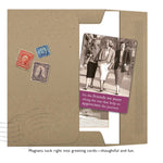 The Shannon Martin Design "Friends We Meet Magnet" features a vintage-style brown envelope, a photo card of three women walking, a heartfelt friendship quote, and includes fridge magnets for a memorable greeting card gift.