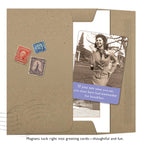 A Shannon Martin Design "Awesome For Breakfast" magnet features a vintage photo of a smiling woman with her coat and the caption: "If you are what you eat, you must have had awesome for breakfast.