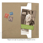 The Roll My Eyes Magnet by Shannon Martin Design features a brown envelope with three vintage stamps, partially open to show a black-and-white photo of a woman in plaid and a green caption: "Oh, I’m sorry, did I just roll my eyes out loud?.