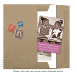 The All Your Stories Magnet by Shannon Martin Design features two smiling girls and the quote, "A good friend knows all your stories. A best friend helps you write them," packaged in a brown envelope with vintage stamps.