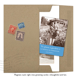A brown envelope with vintage stamps holds a Shannon Martin Design card featuring a black-and-white photo of a woman gardening and the quote, "To plant a garden is to believe in tomorrow." Includes the To Plant A Garden Magnet for an extra special touch.