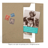 The Good Time Magnet by Shannon Martin Design features a vintage black and white photo of a smiling woman in swimsuit and sunhat with a teal caption, making it a charming greeting card gift perfect to pair with fridge magnets.