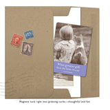 The Shannon Martin Design "Love Of A Cat Magnet" includes a brown folder with vintage stamps, a greeting card featuring a sepia child-and-cat photo, and a sturdy magnet, with the card quoting, “What greater gift than the love of a cat.”—Charles Dickens.