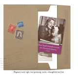 A brown Shannon Martin Design folder with vintage stamps holds a black-and-white photo and a caption: "One loyal friend is worth ten thousand relatives." The One Loyal Friend Magnet makes any greeting card gift a lasting keepsake.