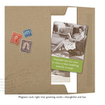 The Reading Enough Magnet by Shannon Martin Design features a brown envelope with three vintage stamps and a card showing a woman reading by a radio, plus the quote: “Anyone who has time to clean is not reading nearly enough.” Optional fridge magnets included.