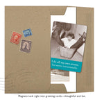 The "All My Own Stunts Magnet" by Shannon Martin Design features a vintage brown folder with three stamps and a card of a surprised woman in a laundry basket that reads, “I do all my own stunts, but never intentionally.”.
