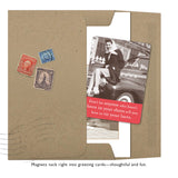 The "Tie Your Laces Magnet" by Shannon Martin Design features a vintage card with a woman in a car and the quote, “Don’t let anyone who hasn’t been in your shoes tell you how to tie your laces,” plus three stamps. Includes info on gift magnets in cards.