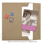 The Cake & Eat It, Too Magnet by Shannon Martin Design is a sturdy greeting card in a brown envelope with three vintage stamps. Featuring a woman with a cake, it reads, “I like to have my cake and eat it, too. I’d also like to have your cake and eat it, too.”.