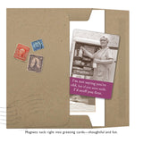 A brown envelope with vintage stamps holds a Shannon Martin Design greeting card featuring an older woman in a kitchen and the message: I’m not saying you’re old, but if you were milk, I’d sniff you first. Includes Cream Of The Crop Magnet.