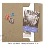 A brown envelope with vintage stamps holds a card showing a woman in a fancy dress on a striped couch. The card says, "Born to be wild, but only until 9PM or so." Includes the Born To Be Wild Magnet by Shannon Martin Design—fun for your fridge!.