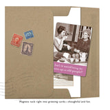 The Shannon Martin Design Same Age Magnet comes in a brown envelope with vintage stamps and a card showing two women having tea. The card reads, Isn't it weird being the same age as old people? Magnet fits right inside—thoughtful and fun!.