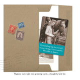 The We Ride At Dawn Magnet by Shannon Martin Design comes in a brown envelope with vintage stamps, featuring a card with a western woman and horse. The card says, “If standing up for yourself burns a bridge, I have matches. We ride at dawn.”.