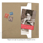 A brown envelope with vintage stamps holds a card featuring a woman sipping tea and the quote, "I don't like morning people. Or mornings. Or people." Morning People Magnet by Shannon Martin Design adds extra fun—thoughtful fridge magnets fit perfectly inside!.