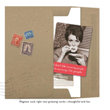 A brown envelope with vintage stamps holds a card featuring a woman sipping tea and the quote, "I don't like morning people. Or mornings. Or people." Morning People Magnet by Shannon Martin Design adds extra fun—thoughtful fridge magnets fit perfectly inside!.