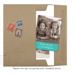 A brown envelope holds a Shannon Martin Design Shenanigans Magnet and a greeting card with two smiling girls on grass reading, "You’re the she to my nanigans." Fun magnets make thoughtful, easy gifts—perfect for cards, fridges, or lockers.