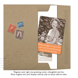 An open kraft envelope with vintage stamps holds Shannon Martin Design’s Better Left Unsaid Magnet card, featuring a smiling woman and the phrase “Some things are better left unsaid, but I'm probably going to say them anyway.”.