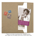 The Roosters Magnet by Shannon Martin Design features a vintage photo of a woman sipping tea and the witty caption: "The older I get, the more I understand why roosters scream to start their day." Coordinates with our vintage photography magnets.