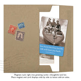 A brown envelope with vintage stamps reveals a black-and-white photo card of people on a boat. The card reads, "If you love life, life will love you back." Featured: If You Love Life Magnet by Shannon Martin Design.