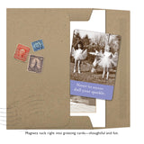 The "Your Sparkle Magnet" by Shannon Martin Design includes a greeting card with a sepia photo of two girls in tutus and the message "Never let anyone dull your sparkle," plus a sturdy magnet—all in a vintage-style brown envelope.