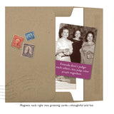 The Judge Other People Magnet by Shannon Martin Design features a black-and-white photo of three smiling women and the phrase, "Friends don’t judge each other, they judge other people together," making it a fun vintage-inspired gift.