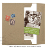 The Road Less Traveled Magnet by Shannon Martin Design features a vintage photo of two women in a car with a police officer, packaged in a brown envelope with retro stamps. The card reads, “I took the road less traveled and now I don’t know where the hell I am.”.