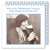 A woman in vintage attire enjoys beer on a Shannon Martin Design "Moderation Napkin"—a fun, retro party accessory.