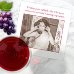 The Friday Just Called Napkin by Shannon Martin Design features a vintage photo of a woman on the phone with the phrase: "Friday just called. She’ll be here tomorrow and she’s bringing wine." Perfect for pairing with wine and snacks.