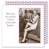 A smiling woman in vintage attire sits in a classic car with the door open. The Don't Get Started Napkin by Shannon Martin Design features "Don’t get me started. I don’t come with brakes." on a purple patterned background—perfect for cocktail parties.