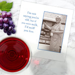 The Cream Of The Crop Napkin by Shannon Martin Design features a vintage photo of an older woman with milk at an open fridge and the words, “I'm not saying you're old, but if you were milk, I'd sniff you first. Grapes and wine included nearby.”.