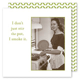 The Stir The Pot Napkin by Shannon Martin Design features a vintage woman in an apron cooking, captioned: “I don't just stir the pot, I smoke it.” With its green and white pattern, it's a fun match for quirky beverage napkins.