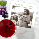The Shannon Martin Design "I Need A Drink Napkin" features a vintage outdoor photo of three women, with one sipping a drink as the others watch. The napkin reads: "You look like I need a drink." Party napkins and red wine set the scene.