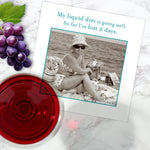 The Shannon Martin Design "Liquid Diet Napkin" features a vintage photo of a woman on the beach in a swimsuit and sunhat, with grapes and red wine, captioned: “My liquid diet is going well. So far I’ve lost 2 days.” Perfect for hostess gifts.