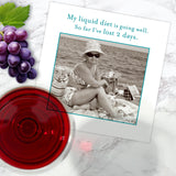 The Shannon Martin Design "Liquid Diet Napkin" features a vintage photo of a woman on the beach in a swimsuit and sunhat, with grapes and red wine, captioned: “My liquid diet is going well. So far I’ve lost 2 days.” Perfect for hostess gifts.
