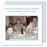 Four friends laugh over drinks with Shannon Martin Design’s "I Choose My Friends" napkins on the table.