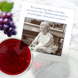 A greeting card featuring an old woman with a humorous quote about age, grapes, and wine pairs perfectly with Shannon Martin Design’s Never Too Late Napkin for an extra touch of charm.
