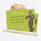 The Seized Wrong Day Sticky Note by Shannon Martin Design features a green notecard with a vintage photo of a smiling woman, witty text that reads, “I do believe I have seized the wrong day,” and a handwritten to-do list below.