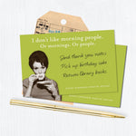 Shannon Martin Design’s Morning People Sticky Note features a green card with a vintage photo of a woman sipping tea and the witty quote: "I don't like morning people. Or mornings. Or people." Great for jotting reminders or notes!.