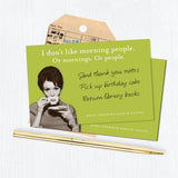 Shannon Martin Design’s Morning People Sticky Note features a green card with a vintage photo of a woman sipping tea and the witty quote: "I don't like morning people. Or mornings. Or people." Great for jotting reminders or notes!.