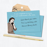 The Explain It Sticky Note by Shannon Martin Design features a blue notecard with a witty quote and vintage photo of a woman on the phone, plus a handwritten to-do list, gold pen, library card, and envelope in the background.