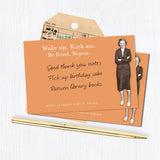 The Wake Up Sticky Note by Shannon Martin Design features a vintage photo of a smiling woman in a dress and cardigan with the words: "Wake up. Kick ass. Be Kind. Repeat." It’s shown beside sticky notes, a to-do list, and pen on a white surface.