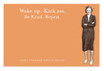 A vintage black-and-white photo of a confident woman in a suit is on the right, set against an orange backdrop with witty sentiments: Wake up. Kick ass. Be Kind. Repeat. from Shannon Martin Designs Wake Up Sticky Note, making it perfect for daily inspiration!.