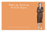 A vintage black-and-white photo of a confident woman in a suit is on the right, set against an orange backdrop with witty sentiments: Wake up. Kick ass. Be Kind. Repeat. from Shannon Martin Designs Wake Up Sticky Note, making it perfect for daily inspiration!.