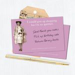 The "I'm No Quitter Sticky Note" by Shannon Martin Design features a vintage photo of a smiling woman in a coat and the witty phrase, "I could give up shopping, but I’m no quitter," set among handwritten lists, sticky notes, and a pen.