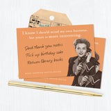 The My Own Business Sticky Note by Shannon Martin Design features a vintage woman on the phone, her handwritten to-do list: Send thank you notes, Pick up birthday cake, Return library books. Above: "I know I should mind my own business, but yours is more interesting.