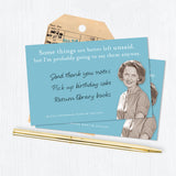 Retro blue card featuring a smiling woman, handwritten notes, and a pen—classic Shannon Martin Design charm.