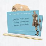 The "What Time? Sticky Note" by Shannon Martin Design features a blue card with a vintage photo of a woman, the phrase "That's a horrible idea. What time?" at the top, and a handwritten to-do list. Includes pen and envelope nearby.