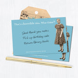 The "What Time? Sticky Note" by Shannon Martin Design features a blue card with a vintage photo of a woman, the phrase "That's a horrible idea. What time?" at the top, and a handwritten to-do list. Includes pen and envelope nearby.
