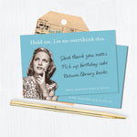 The Overthink This Sticky Note by Shannon Martin Design features a vintage black-and-white image of a thoughtful woman with the phrase "Hold on. Let me overthink this," accented by colorful sticky notes, a gold pen, and an old ticket.